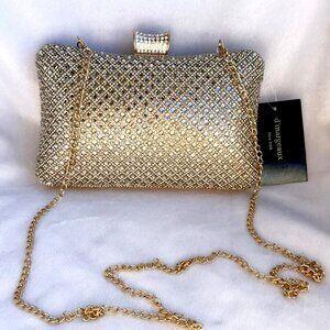 D’margeaux New York Sparkling Gold Rhinestone Evening Clutch Bag Chain NWT